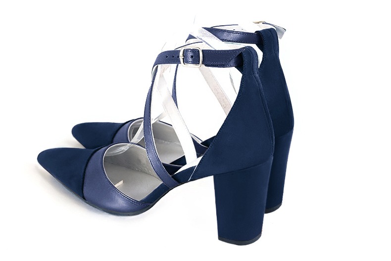 Navy blue women's open side shoes, with crossed straps. Tapered toe. High block heels. Rear view - Florence KOOIJMAN